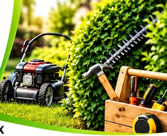 Tondeuse, taille-haie et caisse à outils dans un jardin